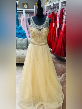 Beaded Illusion Neck Yellow Prom Gown